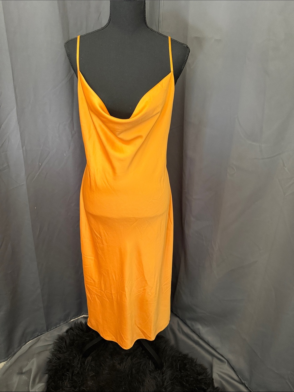 Carbon Orange Satin Cowl Slip Dress